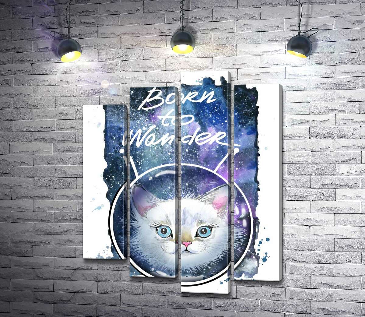 модульная картина Белая кошечка в космическом шлеме под надписью "born to wander" (Модуль №3)