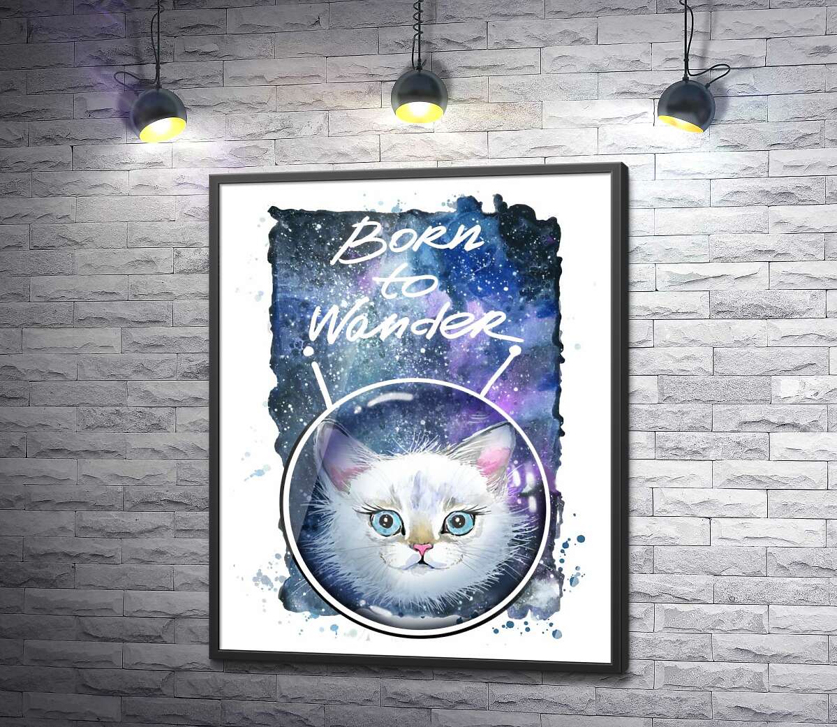 постер Белая кошечка в космическом шлеме под надписью "born to wander"