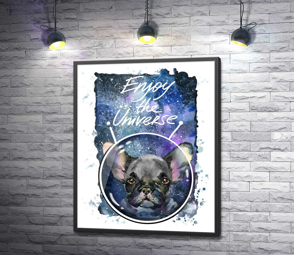 постер Черный французский бульдог среди космического пространства с надписью "Enjoy the Universe"