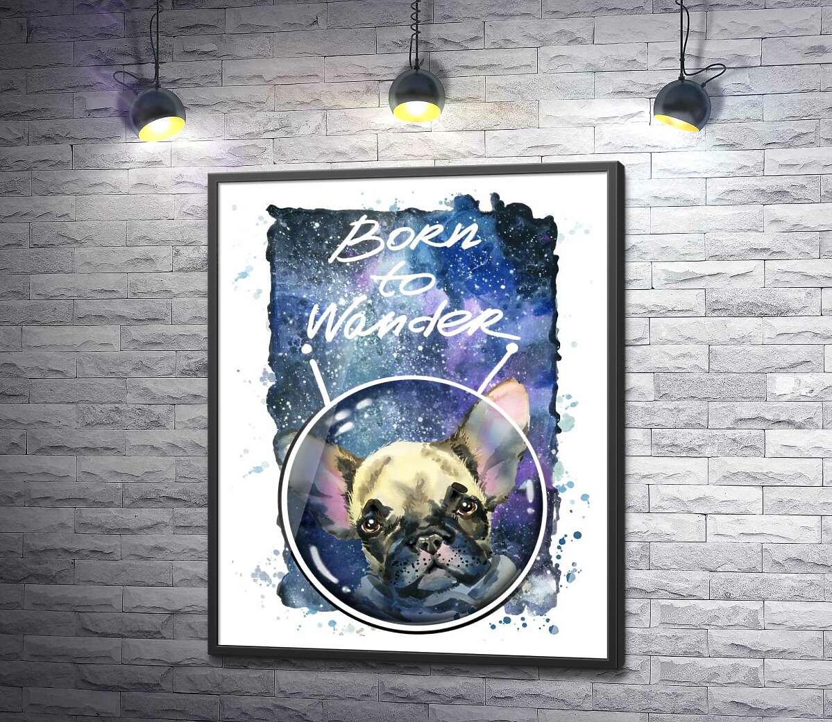 постер Ушастый бульдог среди космоса с надписью "born to wander"