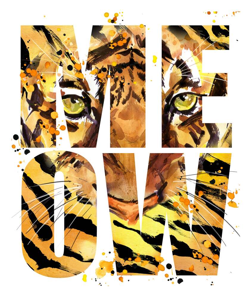 картина-постер Хищный взгляд тигра в буквах "meow"