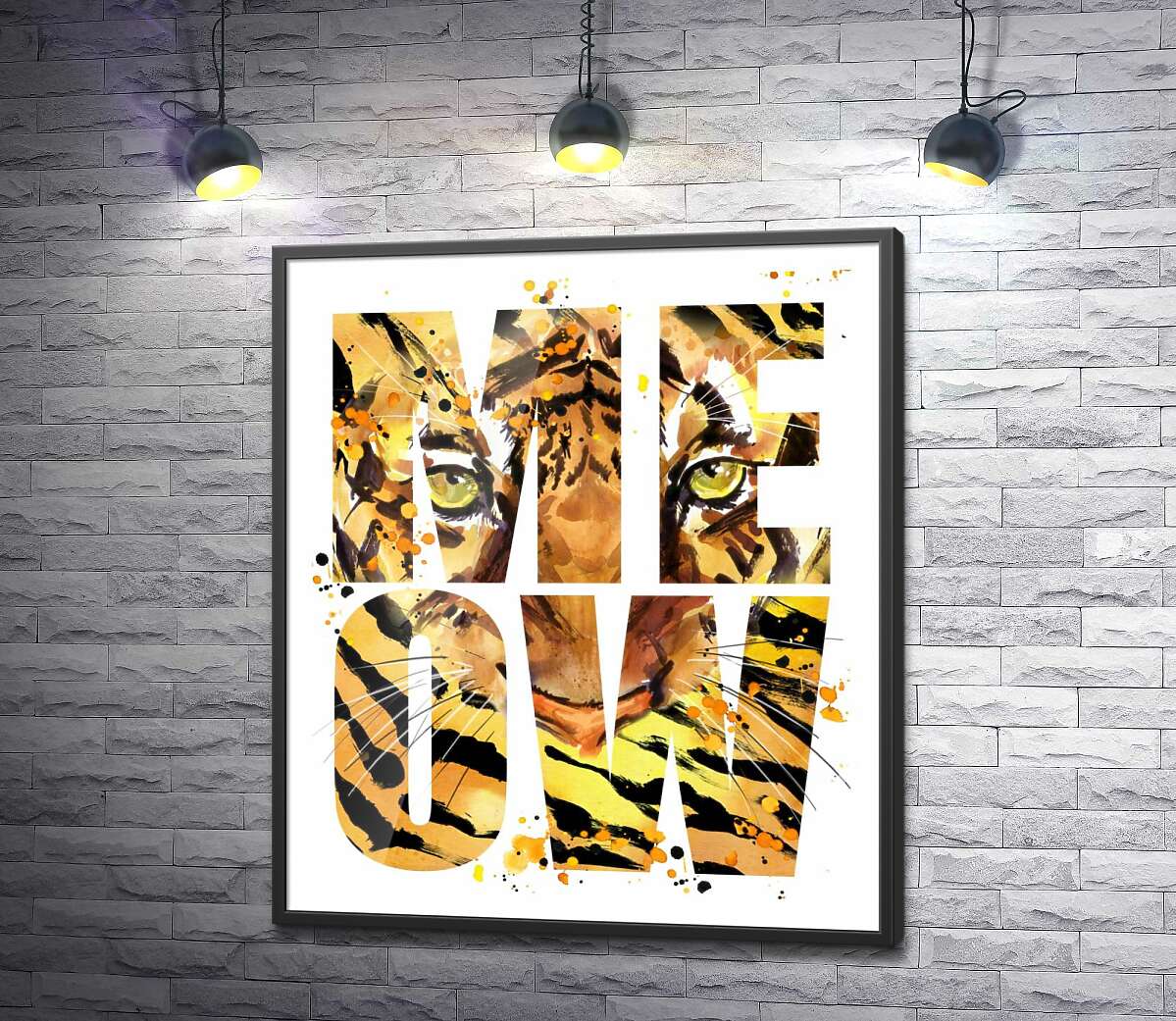 постер Хищный взгляд тигра в буквах "meow"