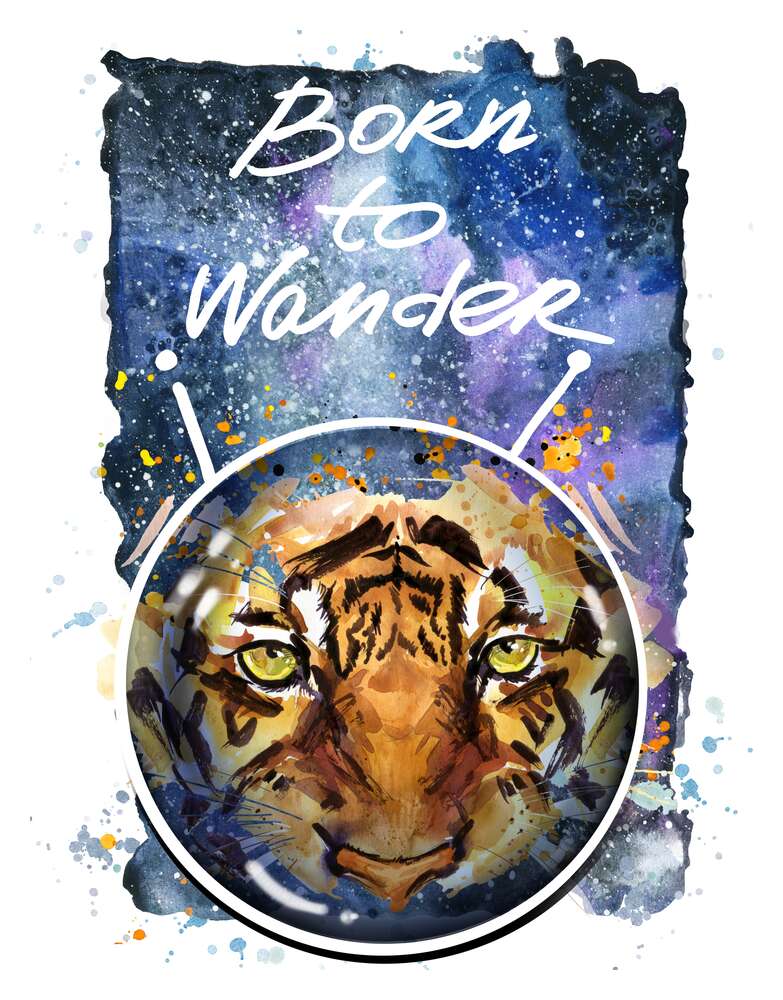 картина-постер Силуэт тигра в космическом шлеме с надписью "born to wander"