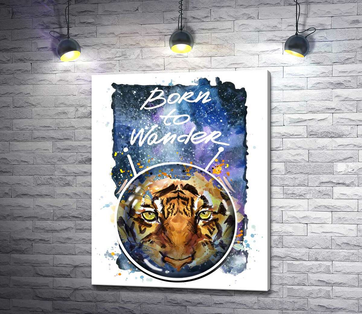 картина Силует тигра в космічному шоломі з написом "born to wander"