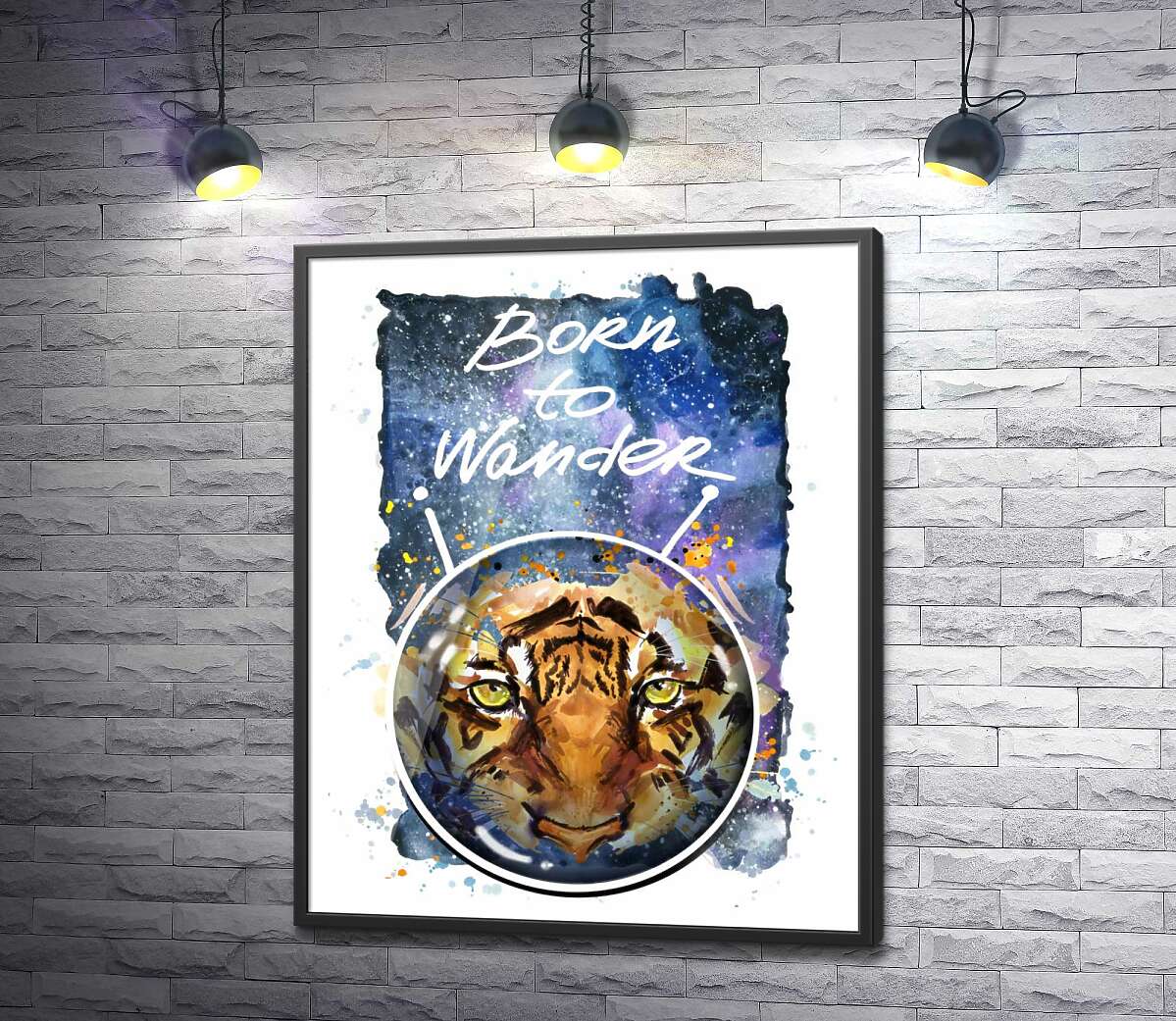 постер Силует тигра в космічному шоломі з написом "born to wander"