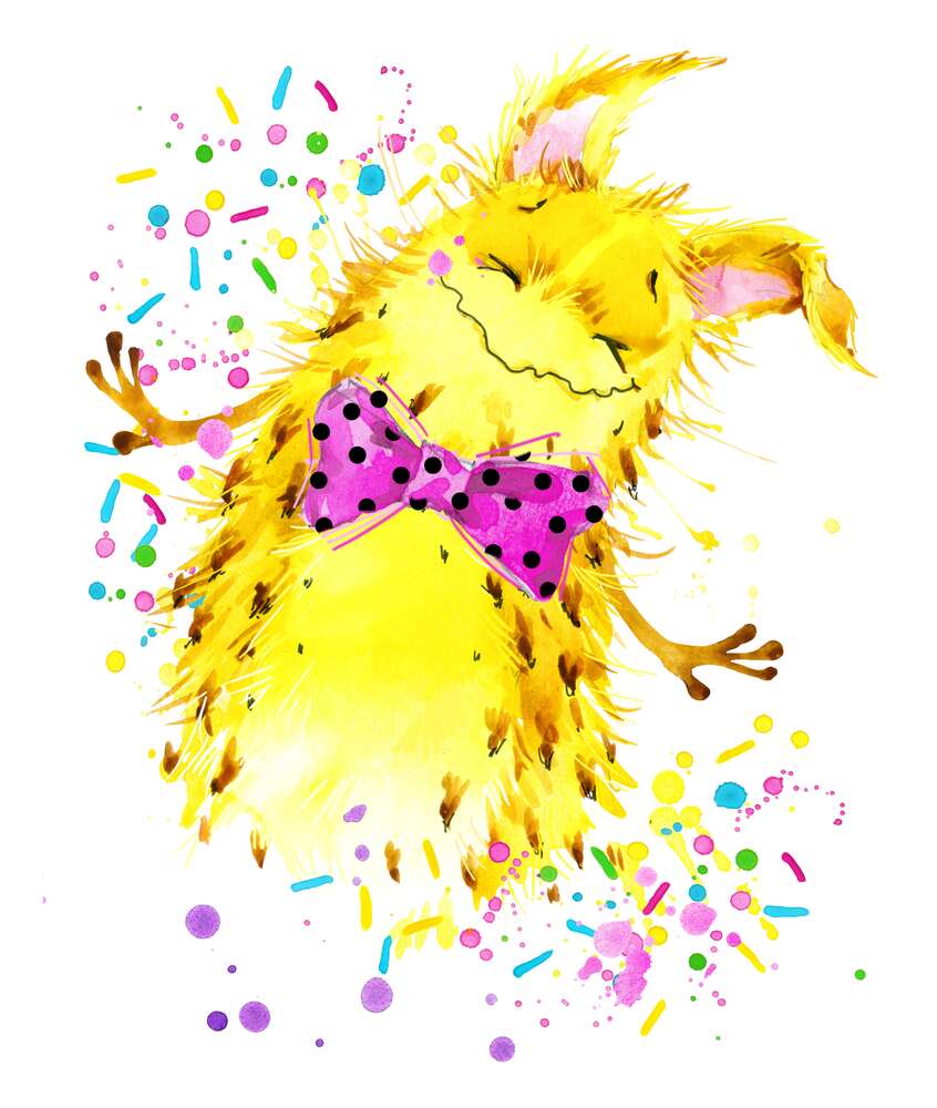 картина-постер Счастливый желтый монстр с розовой бабочкой на шее