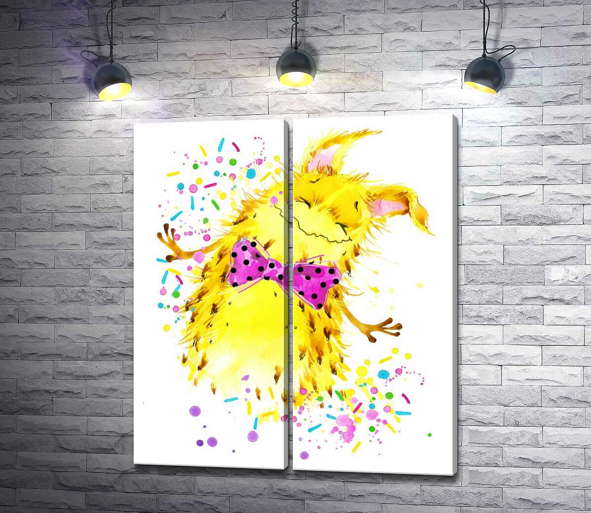 модульная картина Счастливый желтый монстр с розовой бабочкой на шее