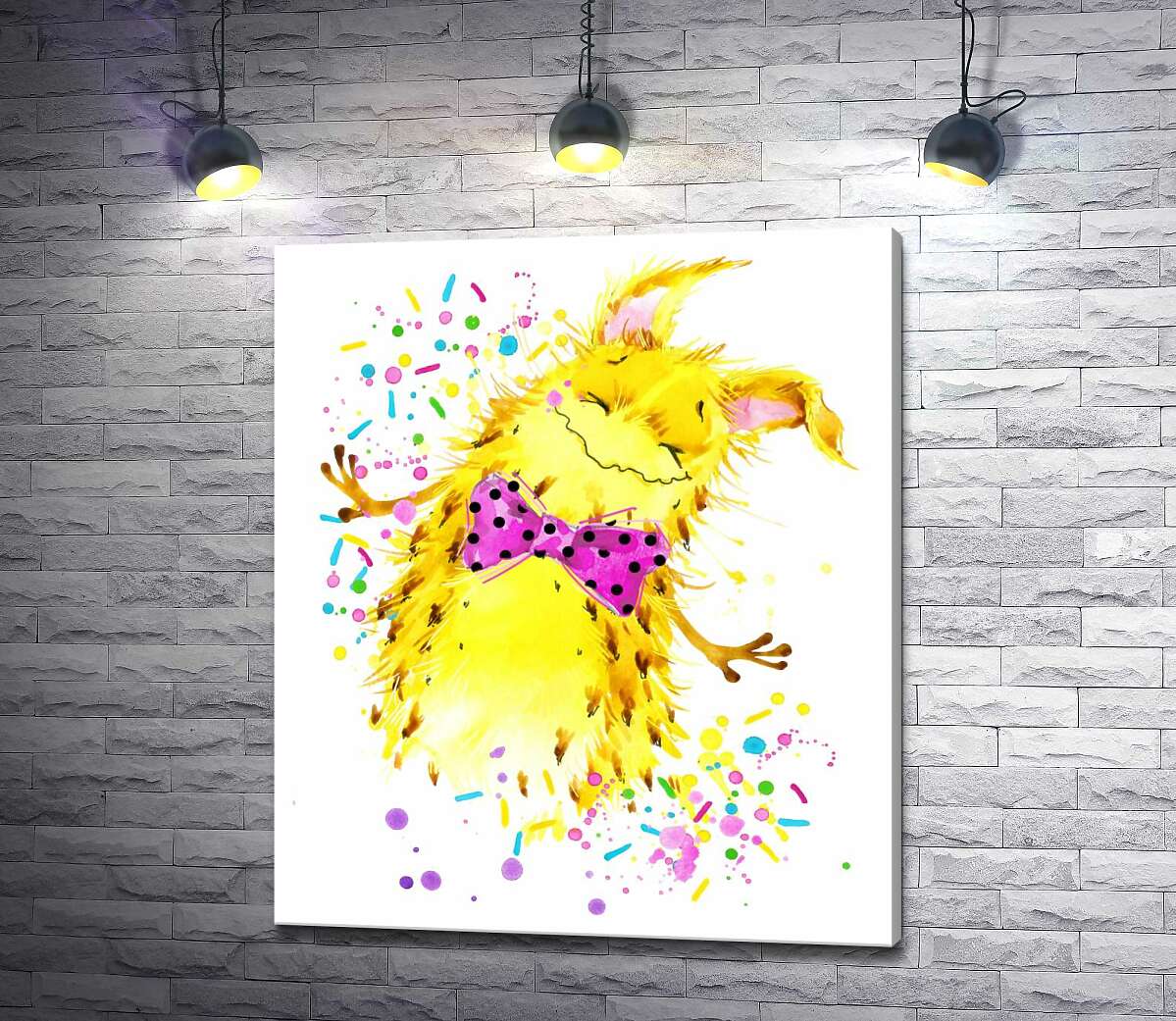 картина Щасливий жовтий монстр з рожевим метеликом на шиї