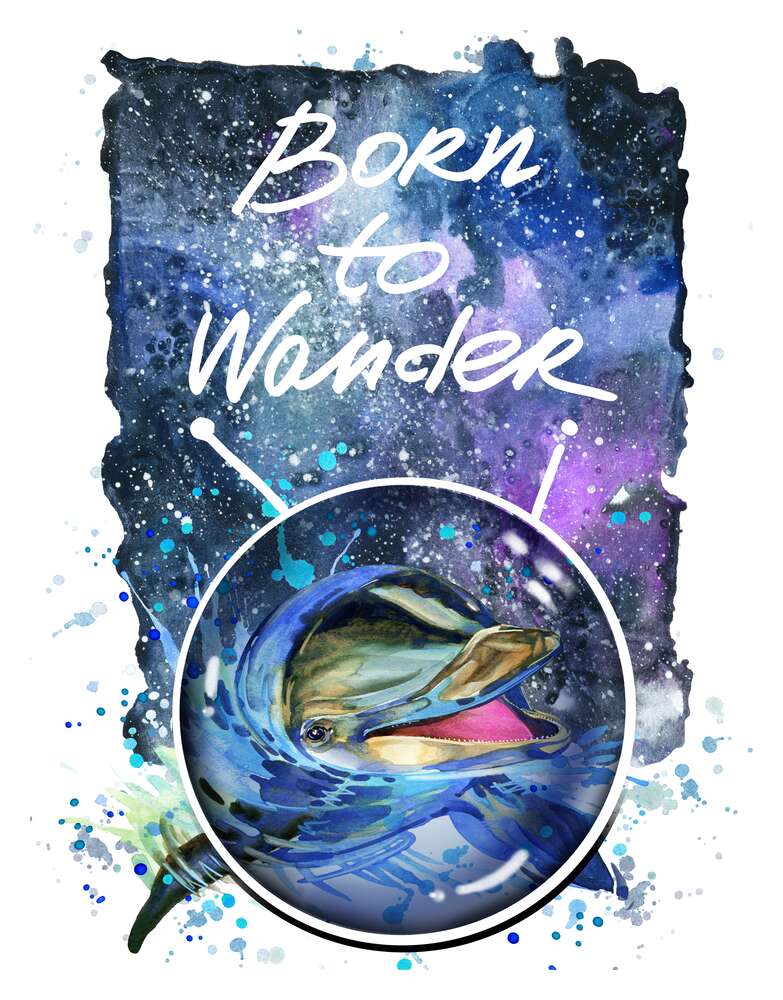 картина-постер Дельфин выглядывает из воды в космическое пространство рядом с названием "born to wander"