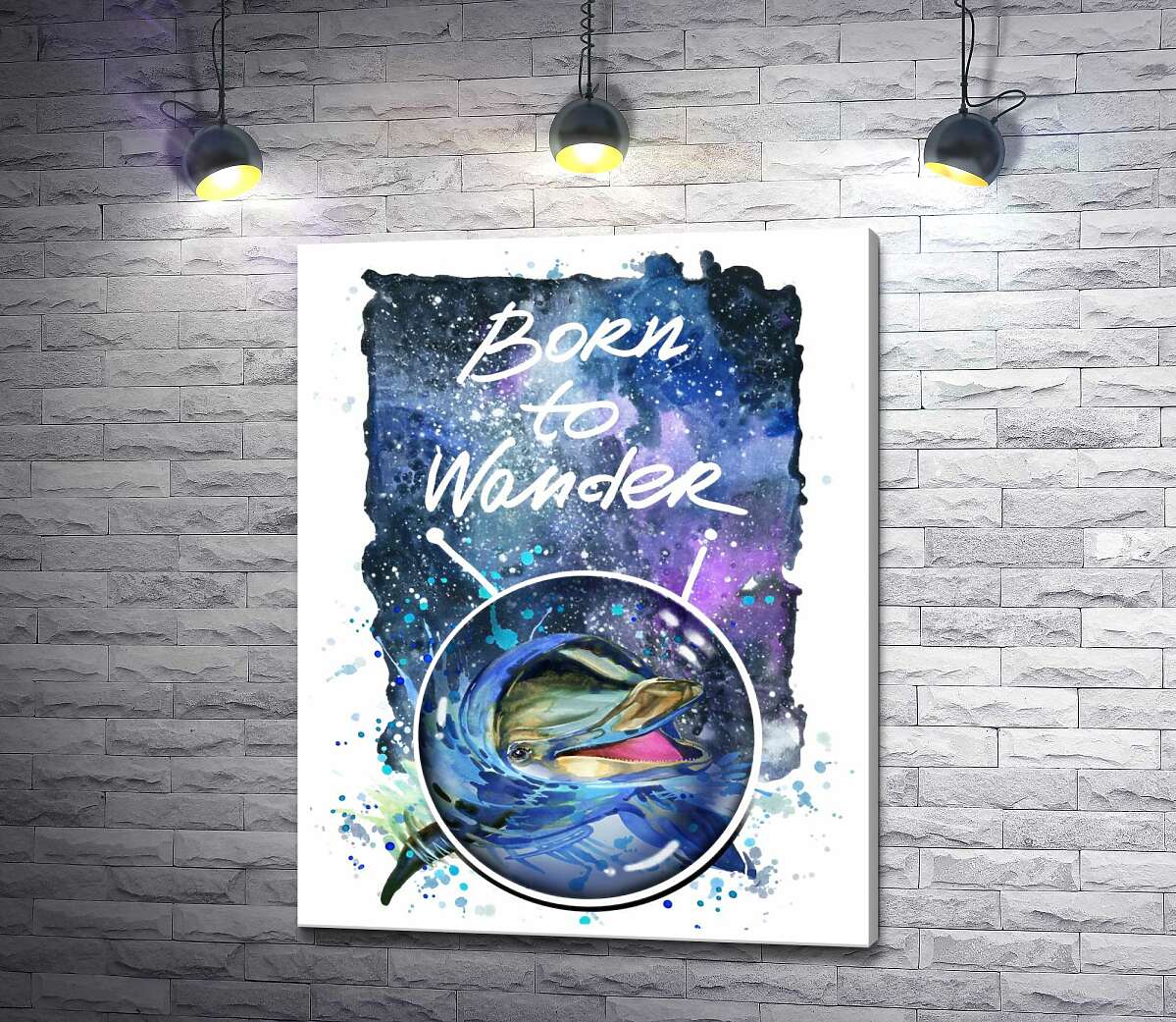 картина Дельфін виглядає з води в космічний простір поряд з назвою "born to wander"