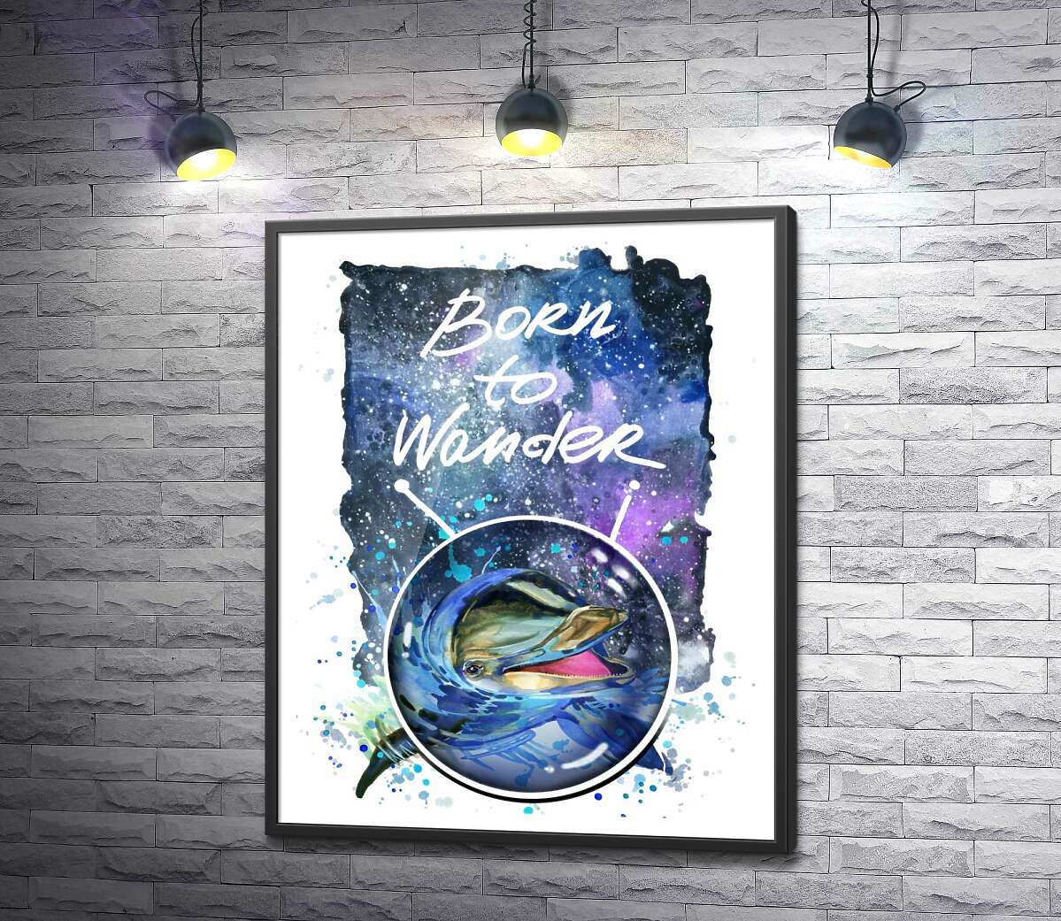 постер Дельфин выглядывает из воды в космическое пространство рядом с названием "born to wander"