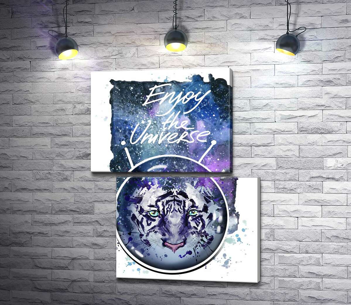 модульная картина Силуэт белого тигра под надписью "Enjoy the Universe" (Модуль №8)