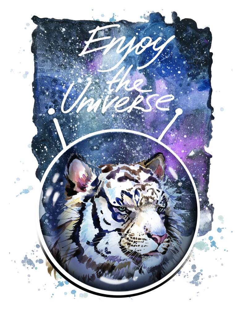 картина-постер Белый тигр с надписью "Enjoy the Universe"