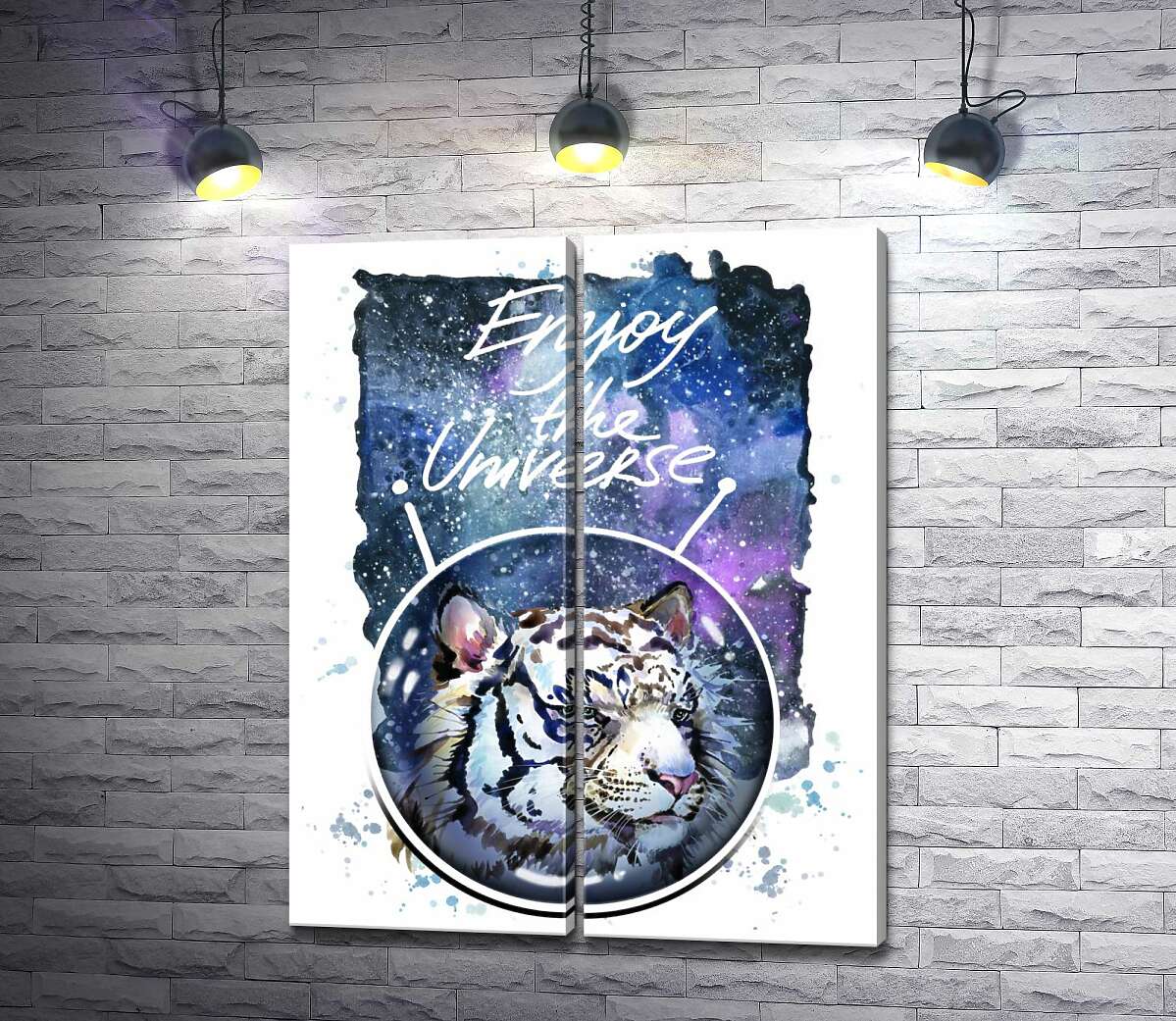 модульная картина Белый тигр с надписью "Enjoy the Universe"