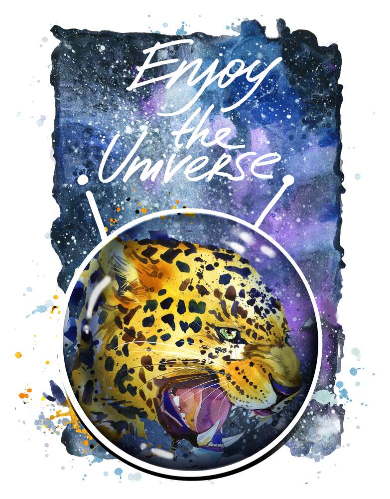 картина-постер Хищный леопард скалит зубы в космосе с надписью "Enjoy the Universe"