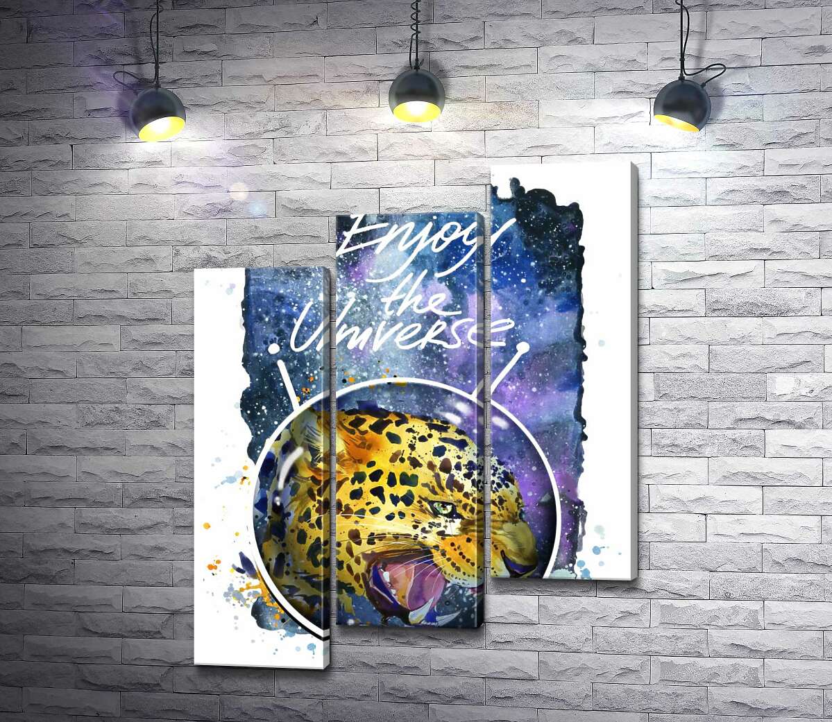 модульная картина Хищный леопард скалит зубы в космосе с надписью "Enjoy the Universe" (Модуль №14)