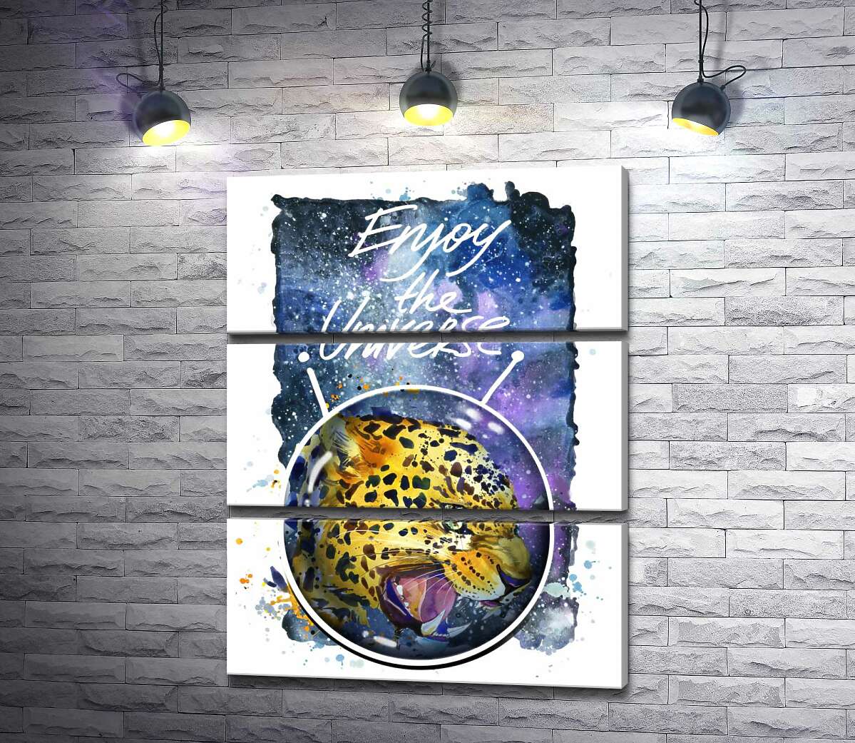 модульная картина Хищный леопард скалит зубы в космосе с надписью "Enjoy the Universe" (Модуль №15)