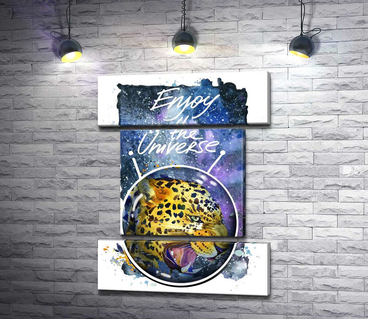 модульна картина Хижий леопард скалить зуби в космосі з написом "Enjoy the Universe" (Модуль №18)