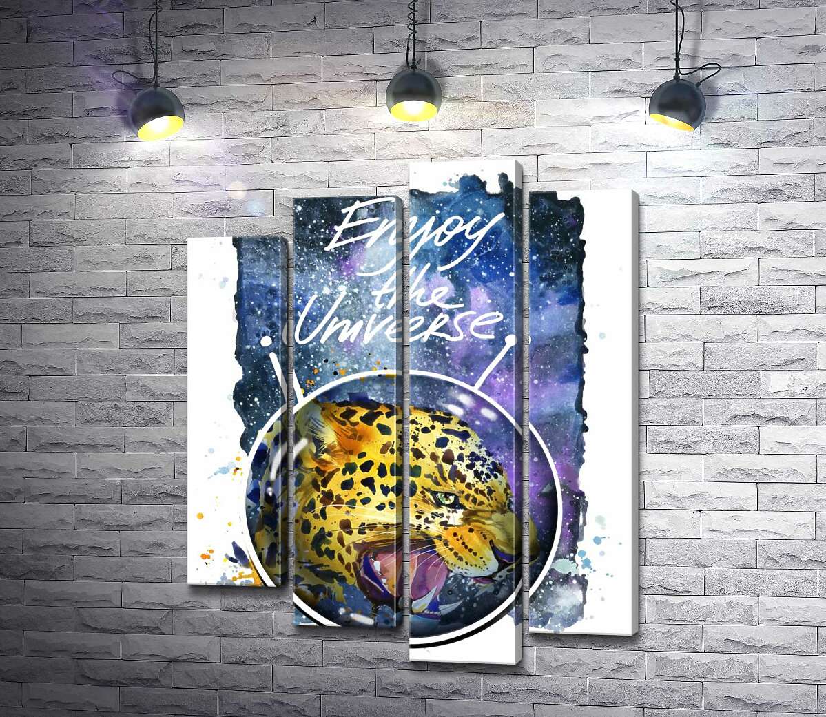 модульна картина Хижий леопард скалить зуби в космосі з написом "Enjoy the Universe" (Модуль №3)
