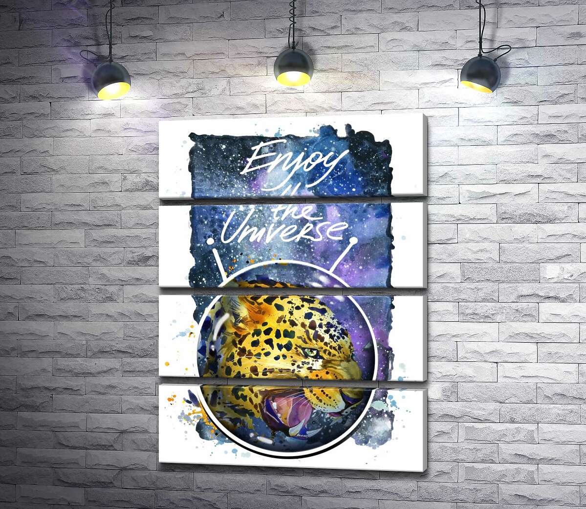 модульная картина Хищный леопард скалит зубы в космосе с надписью "Enjoy the Universe" (Модуль №22)