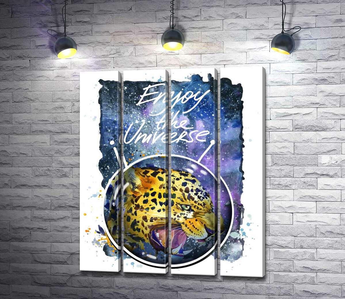 модульная картина Хищный леопард скалит зубы в космосе с надписью "Enjoy the Universe" (Модуль №24)