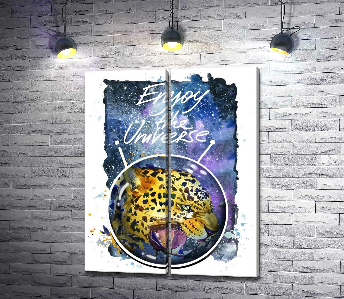 модульна картина Хижий леопард скалить зуби в космосі з написом "Enjoy the Universe" (Модуль №6)