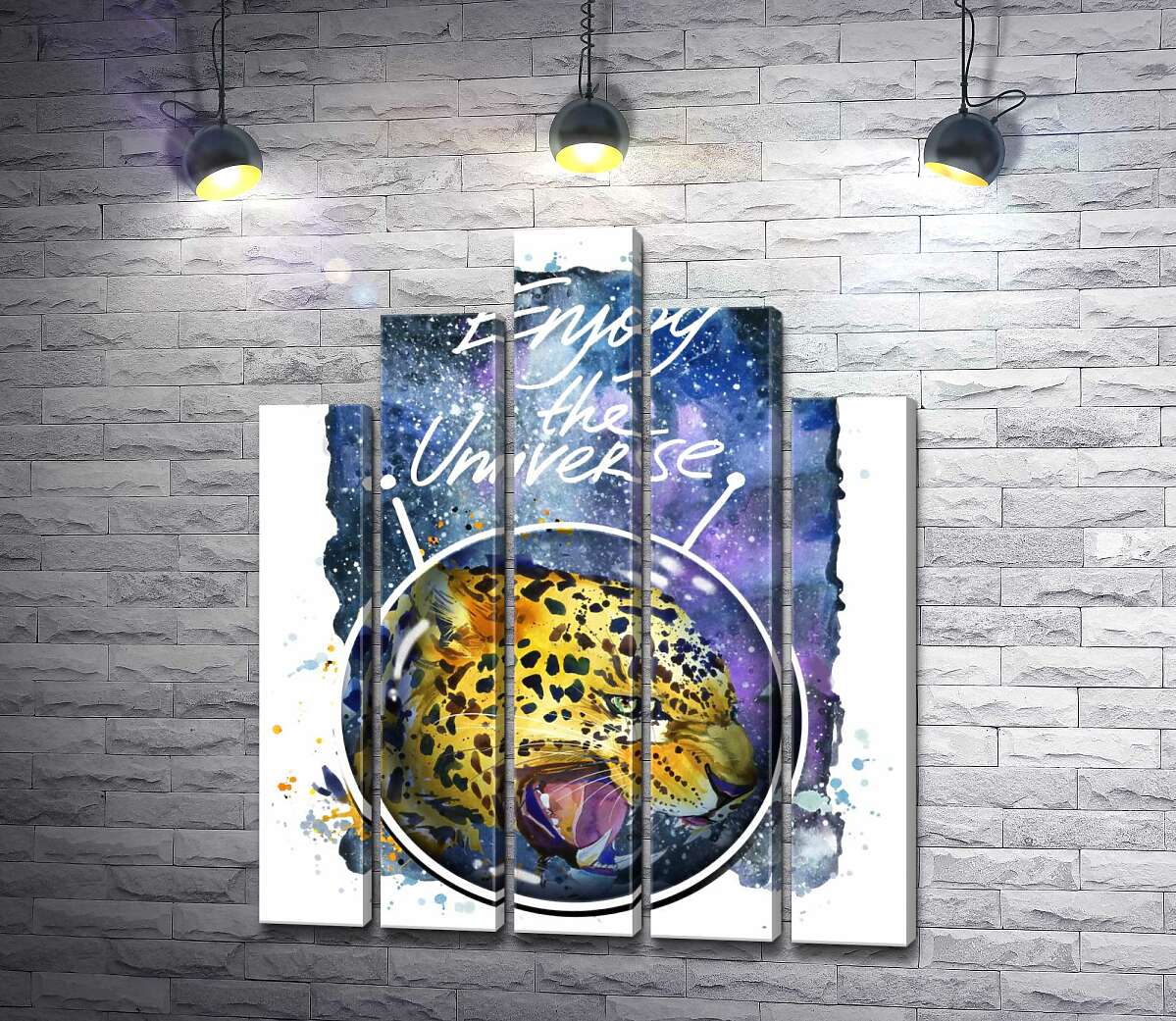модульная картина Хищный леопард скалит зубы в космосе с надписью "Enjoy the Universe" (Модуль №29)