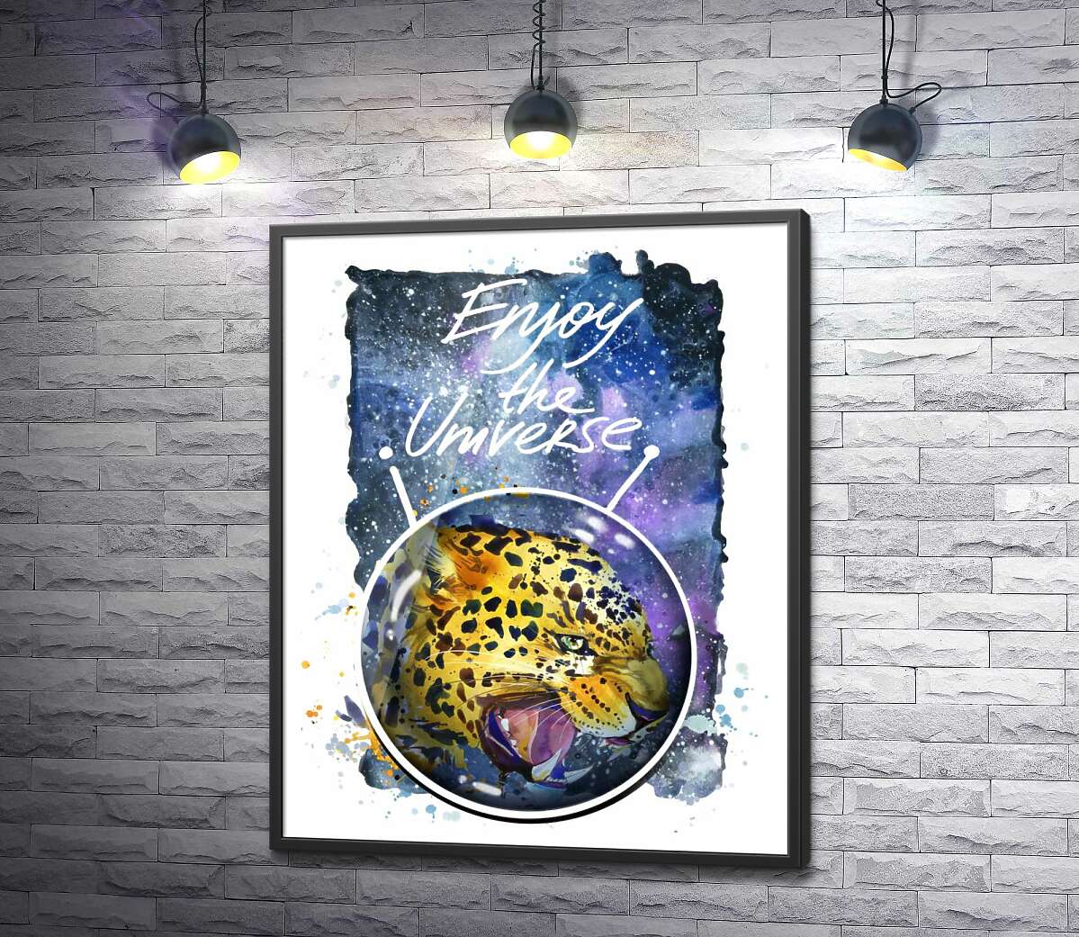 постер Хищный леопард скалит зубы в космосе с надписью "Enjoy the Universe"