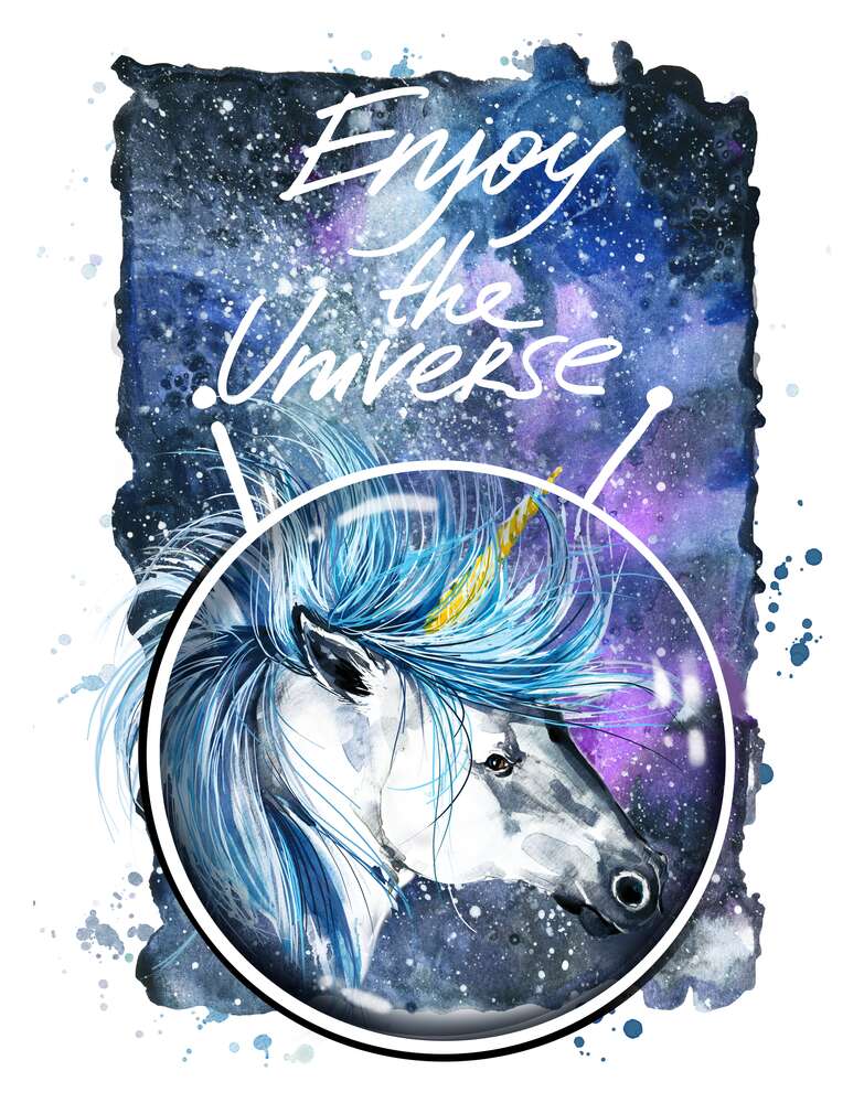 картина-постер Блакитна грива єдинорога розвівається в космічному просторі поряд з написом "Enjoy the Universe"