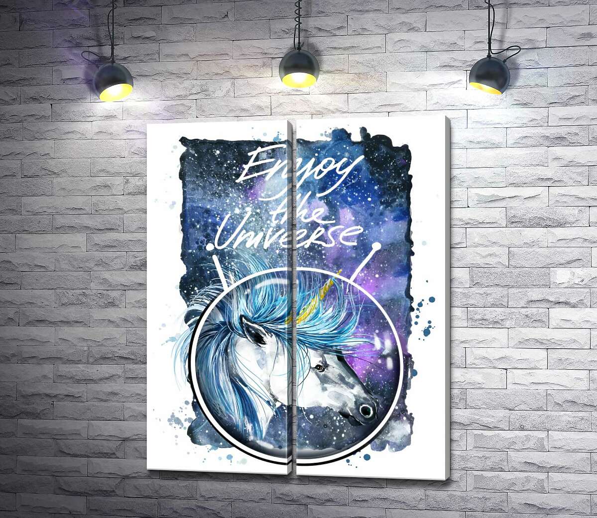 модульная картина Голубая грива единорога развевается в космическом пространстве рядом с надписью "Enjoy the Universe"