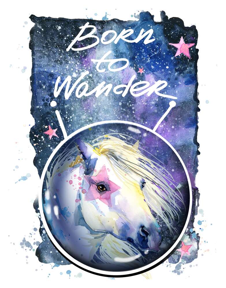 картина-постер Белая лошадь с розовой звездой на глазу под надписью "born to wander"