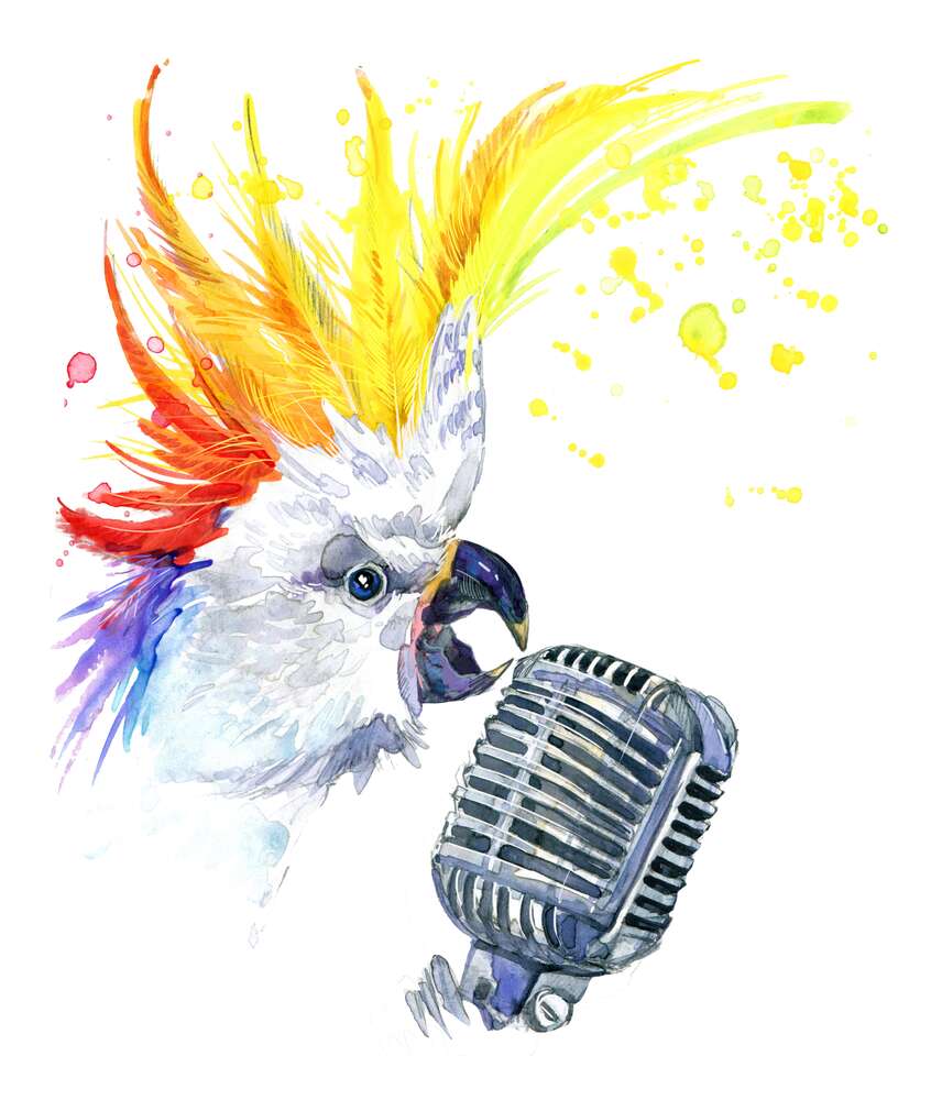 картина-постер Желточубый рокер какаду поет в микрофон