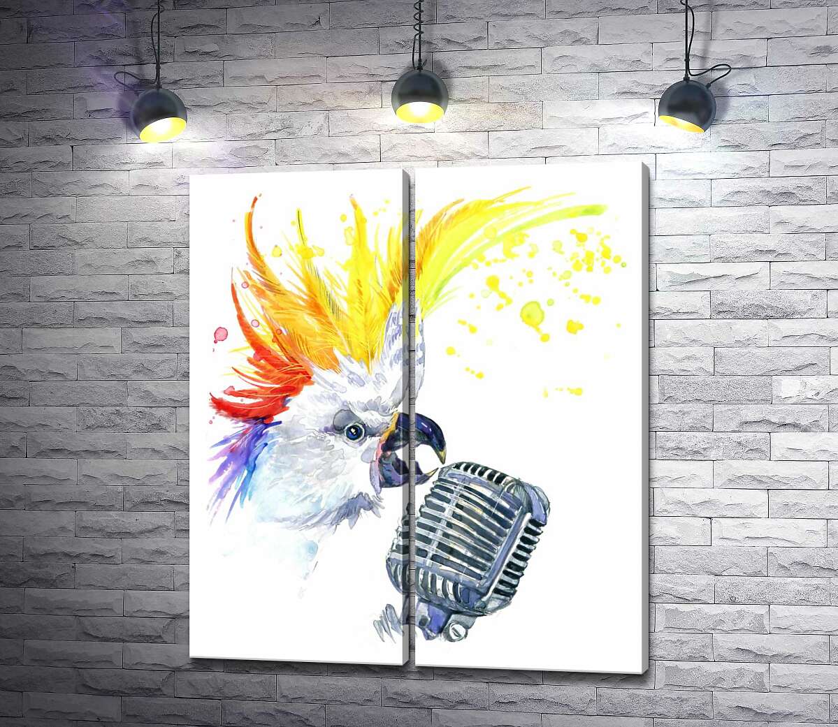 модульная картина Желточубый рокер какаду поет в микрофон