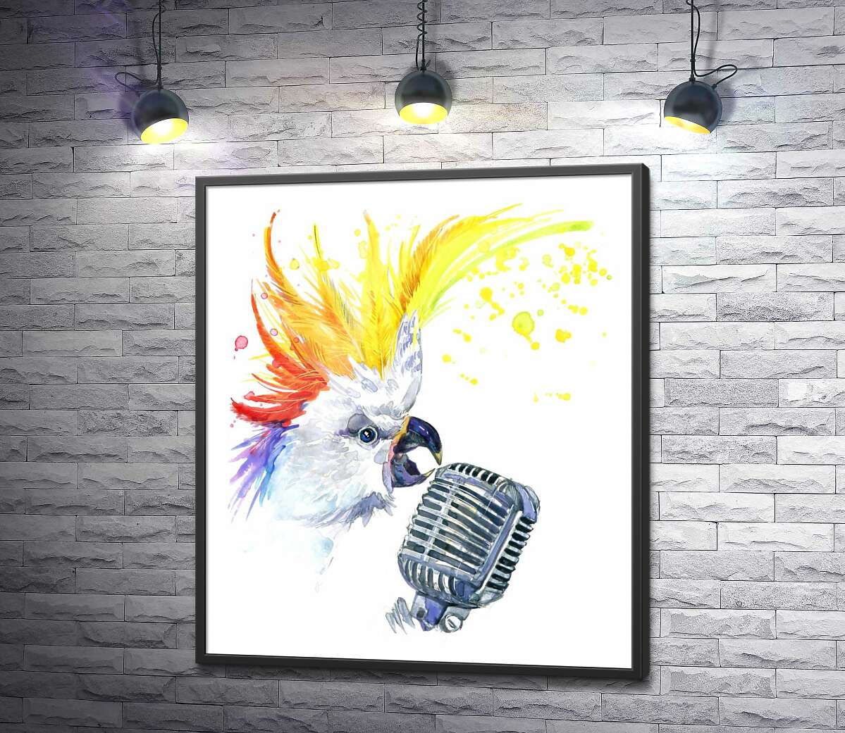 постер Желточубый рокер какаду поет в микрофон