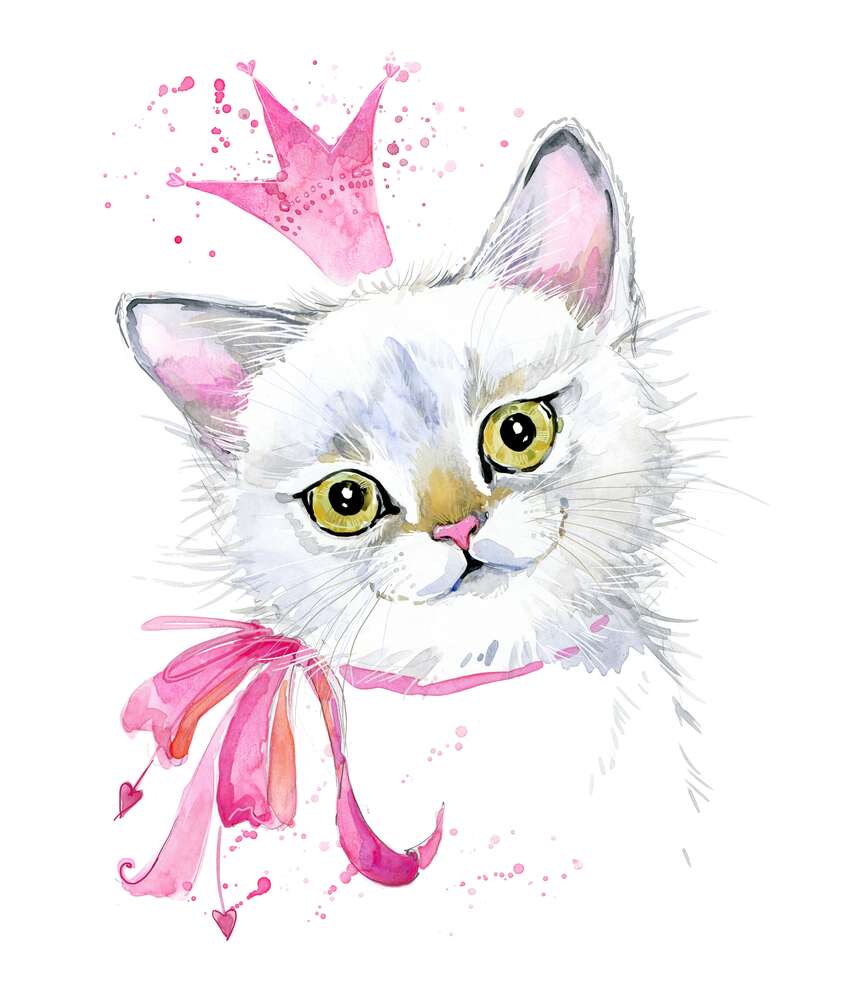 картина-постер Нежная кошечка с розовым бантиком и короной