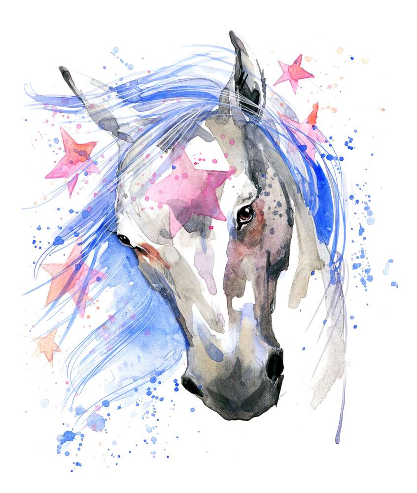 картина-постер Рожеві зірки заплутались у блакитній гриві фантастичного коня