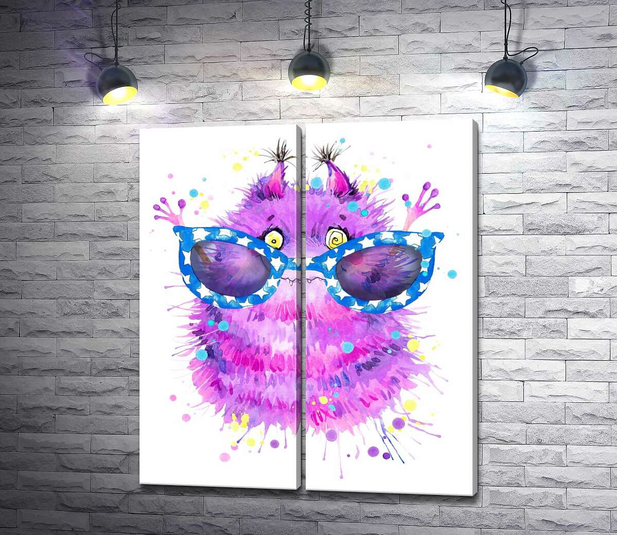 модульна картина Пухнастий фіолетовий монстр у великих синіх окулярах