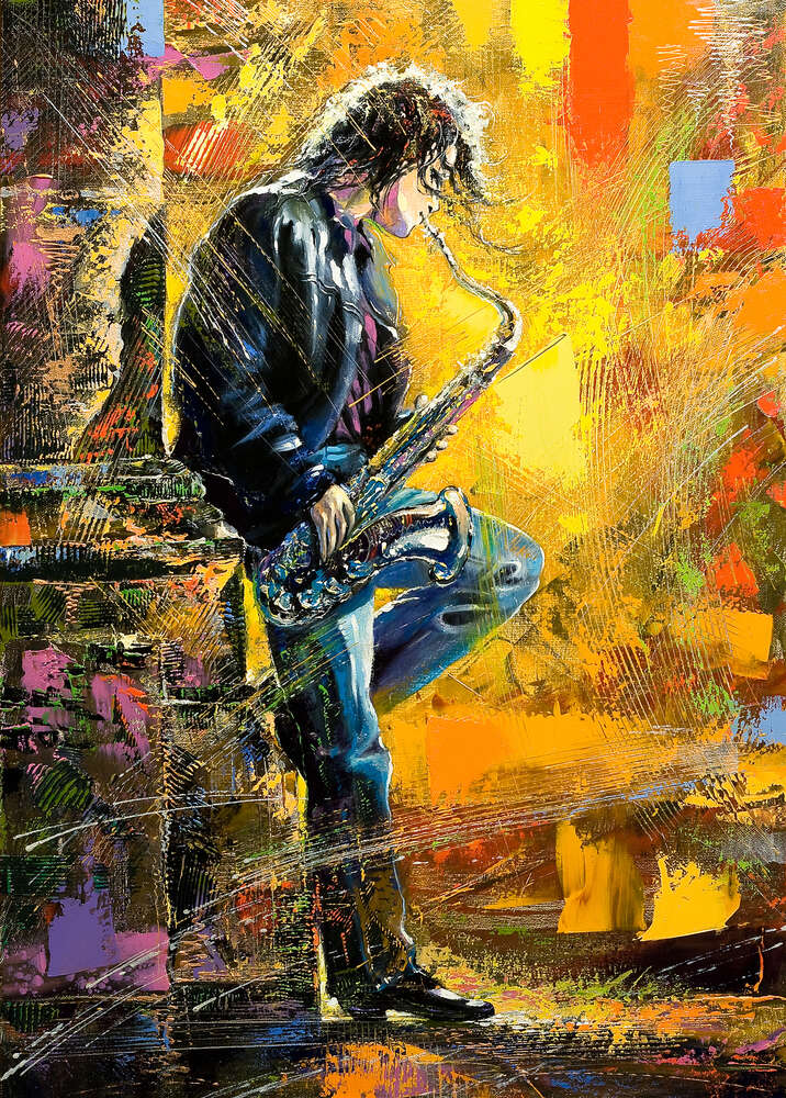 картина-постер Хлопець грає на саксофоні серед вечірньої вулиці