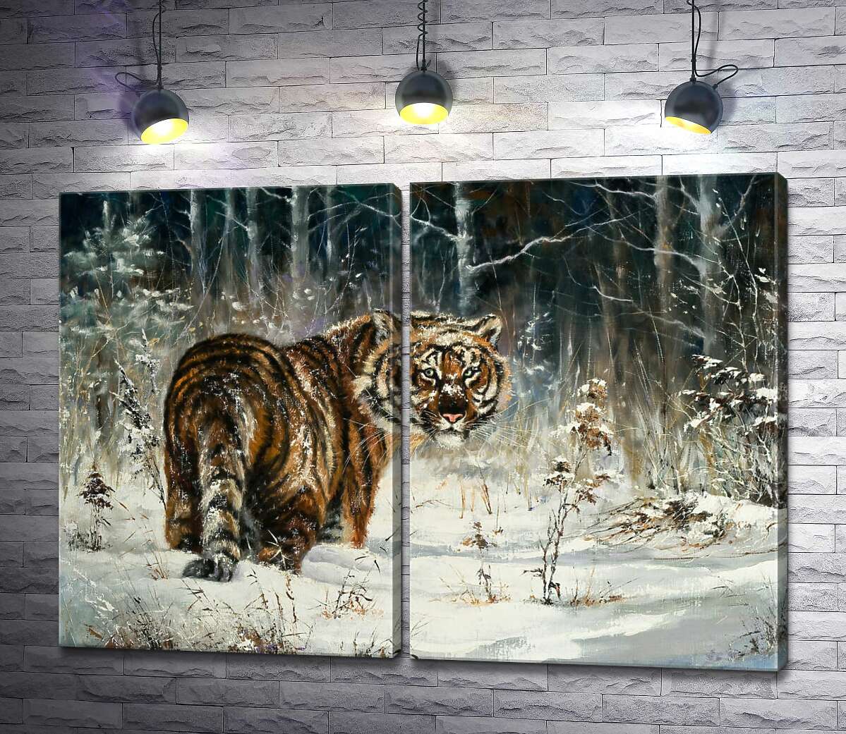 модульная картина Амурский тигр стоит на заснеженной лужайке