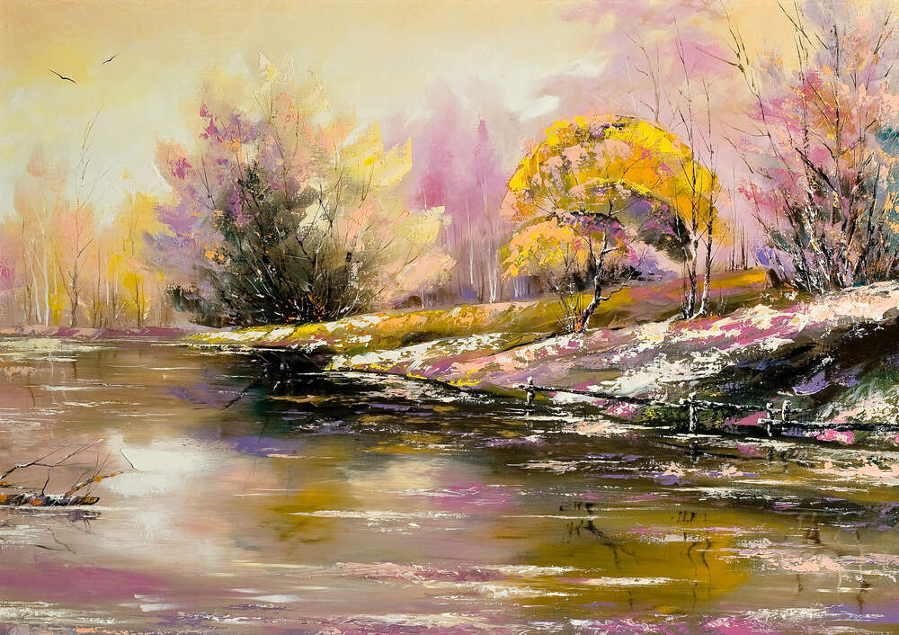 картина-постер Осінній сніг випав на березі лісового озера