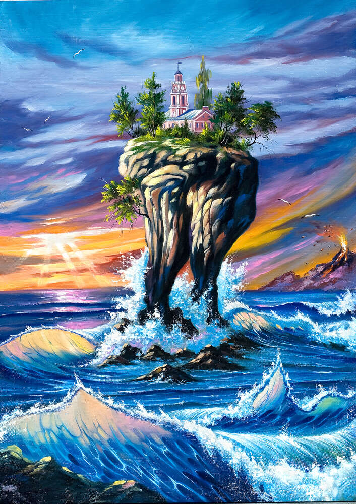 картина-постер Бурные волны омывают скалу с ратушей