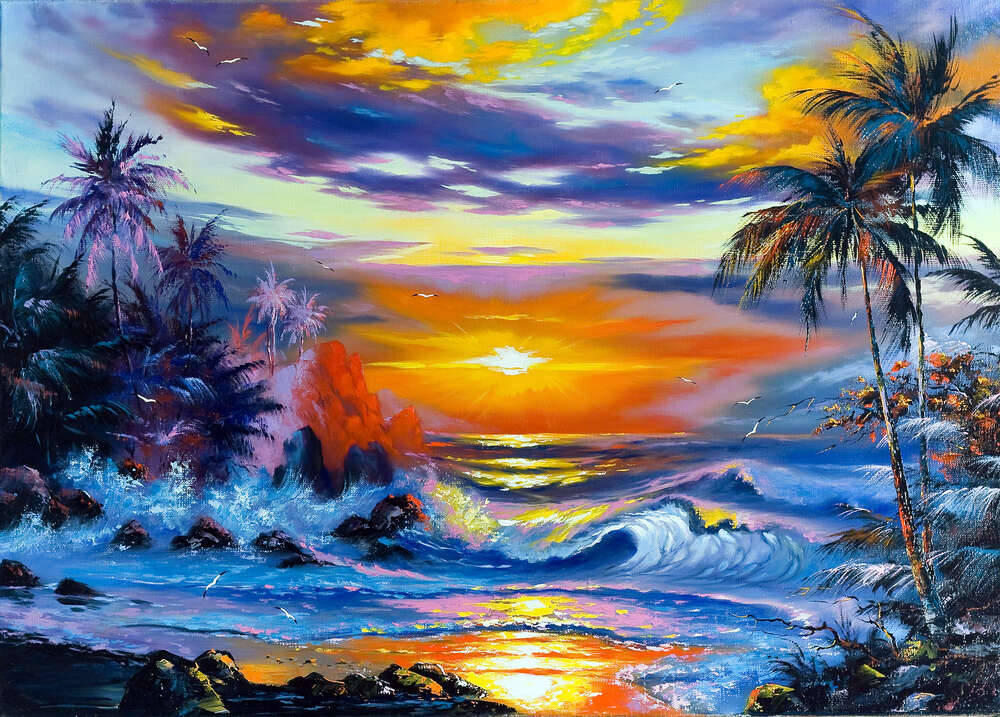 картина-постер Тропический берег в золоте вечернего солнца
