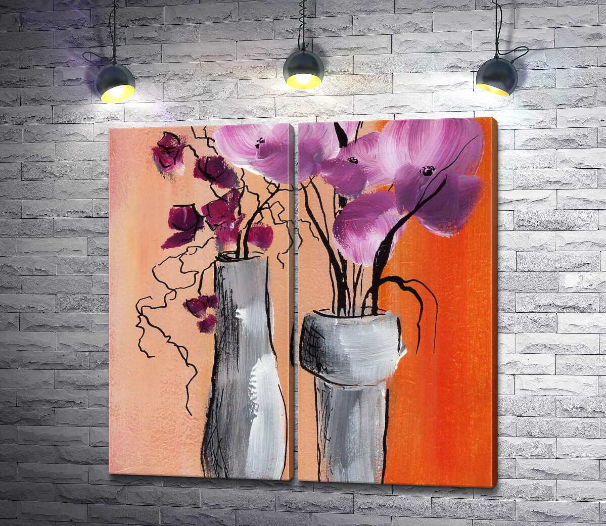 модульная картина Орхидеи и магнолии в высоких вазах