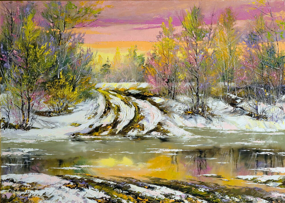 картина-постер Лісова дорога затонула в озері розтанувшого снігу