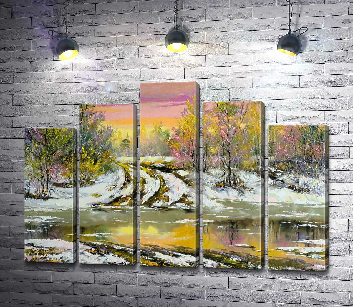 модульная картина Лесная дорога затонула в озере растаявшего снега (Модуль №29)