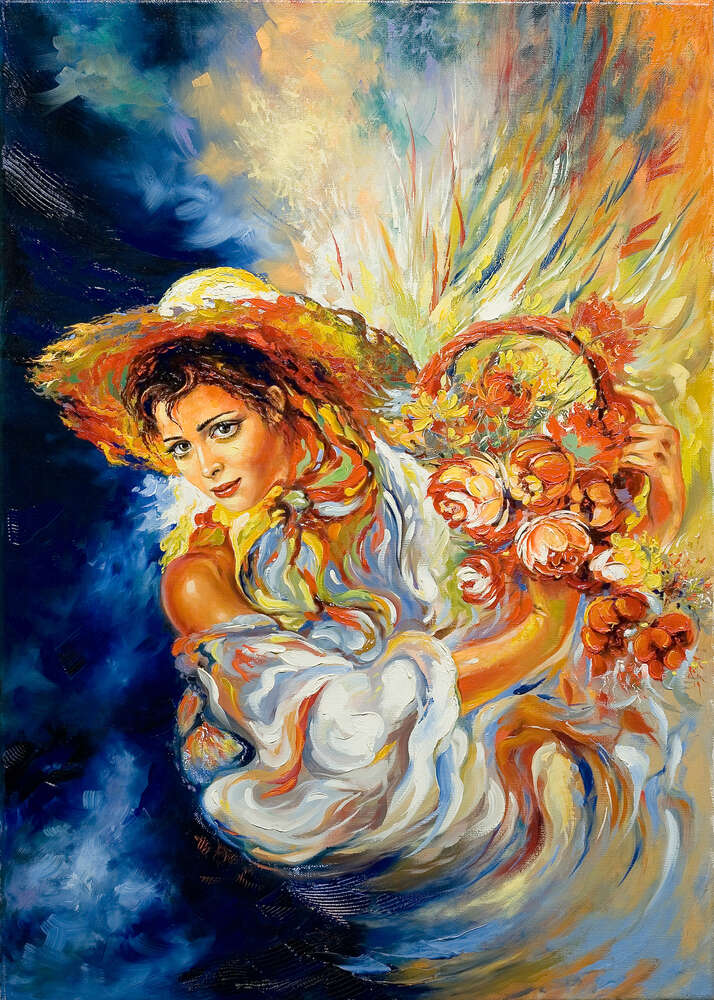 картина-постер Дівчина в солом'яному брилі тримає в руках корзину з квітами