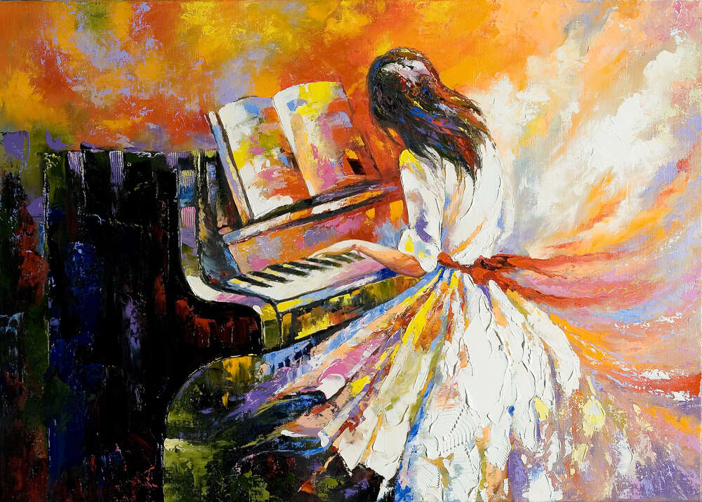 картина-постер Девушка растворяет мир в звуках мелодии фортепиано