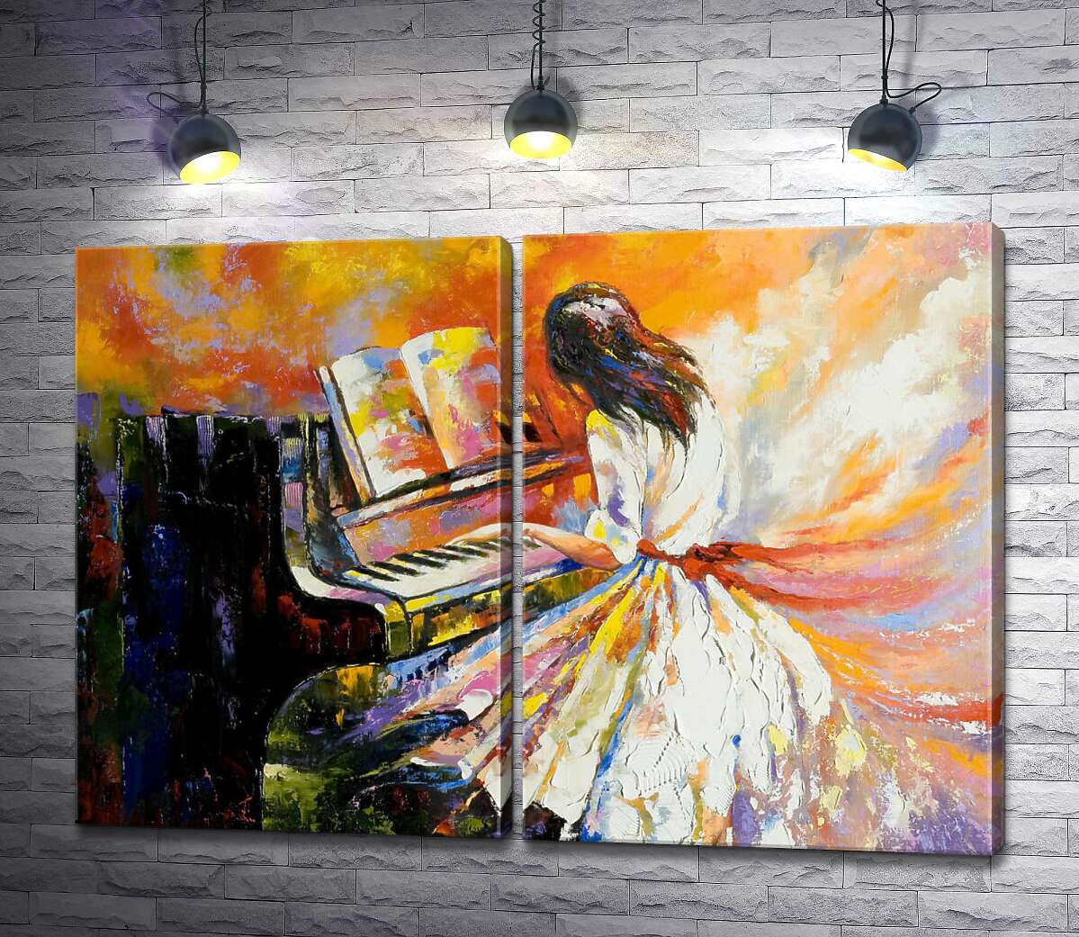 модульная картина Девушка растворяет мир в звуках мелодии фортепиано