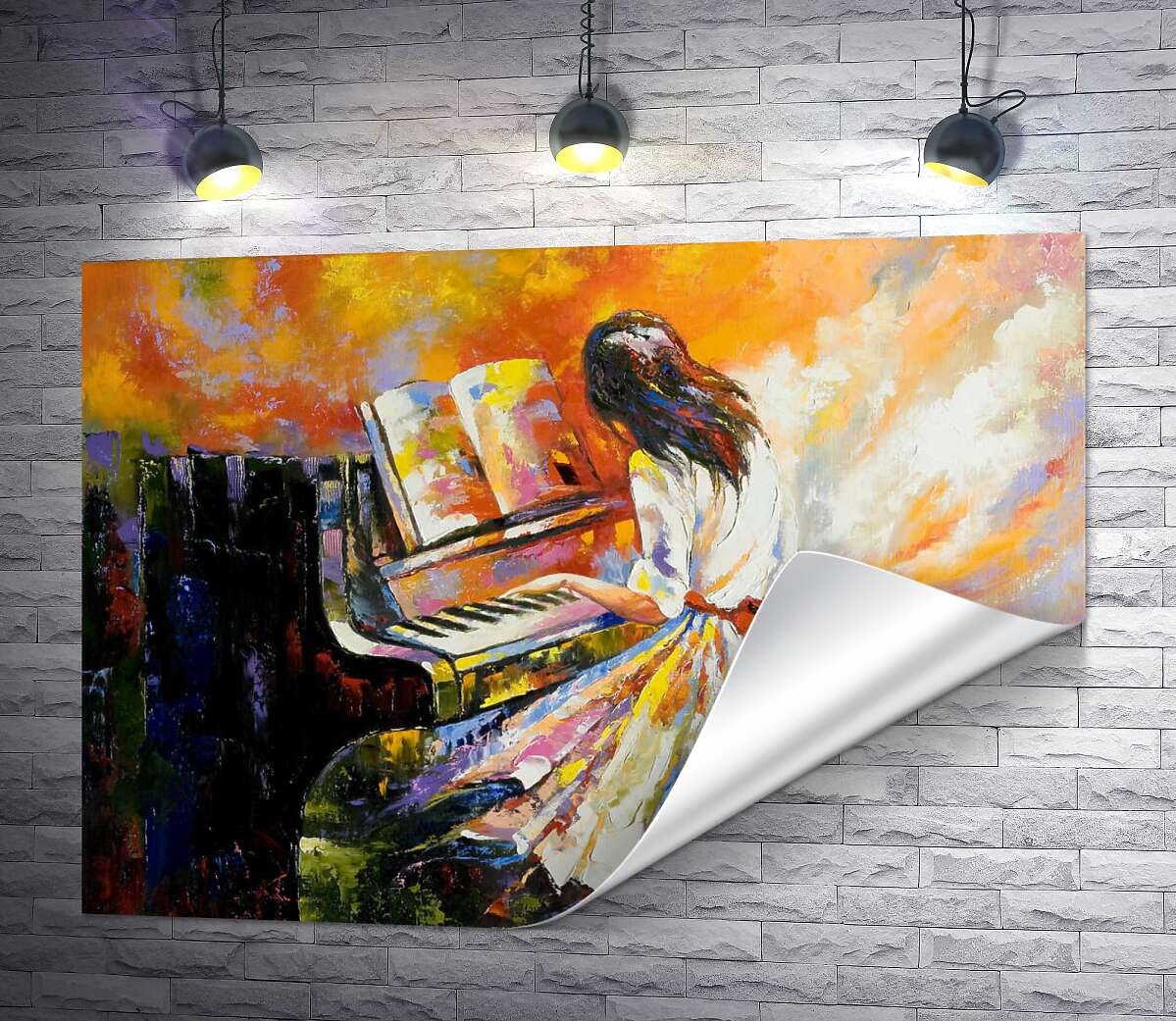 печать Девушка растворяет мир в звуках мелодии фортепиано