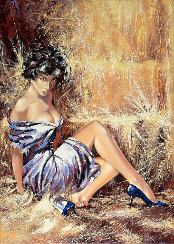 картина-постер Брюнетка у спокусливій сукні відпочиває на сіні